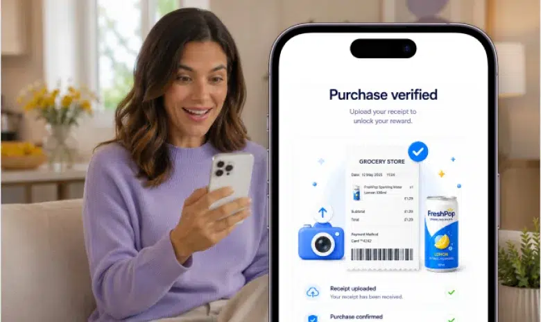 Woman viewing verified purchase confirmation for a CPG retail promotion on her phone.