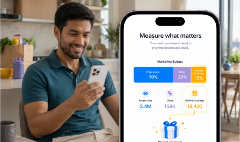 Man reviewing verified purchase campaign performance metrics on his phone.