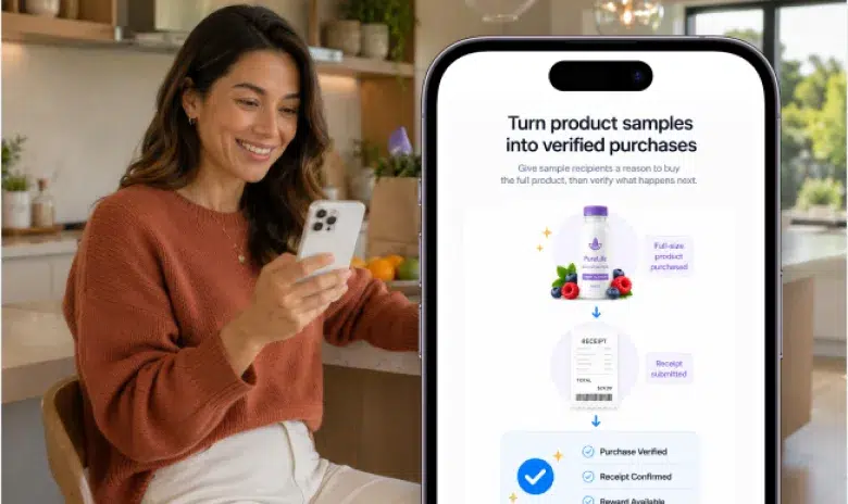 Woman viewing a product sampling journey that converts samples into verified purchases.