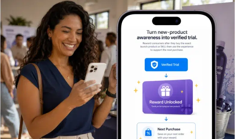 Woman viewing a verified new product trial reward journey on her phone.