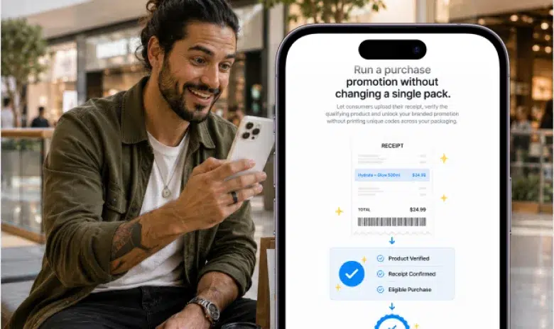 Man viewing a receipt-verified promotion that does not require packaging changes.