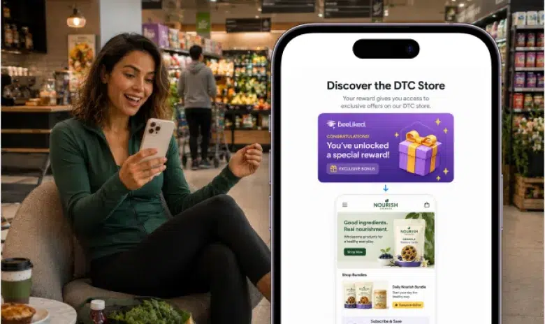 Woman viewing a reward that leads retail buyers to a direct-to-consumer store.