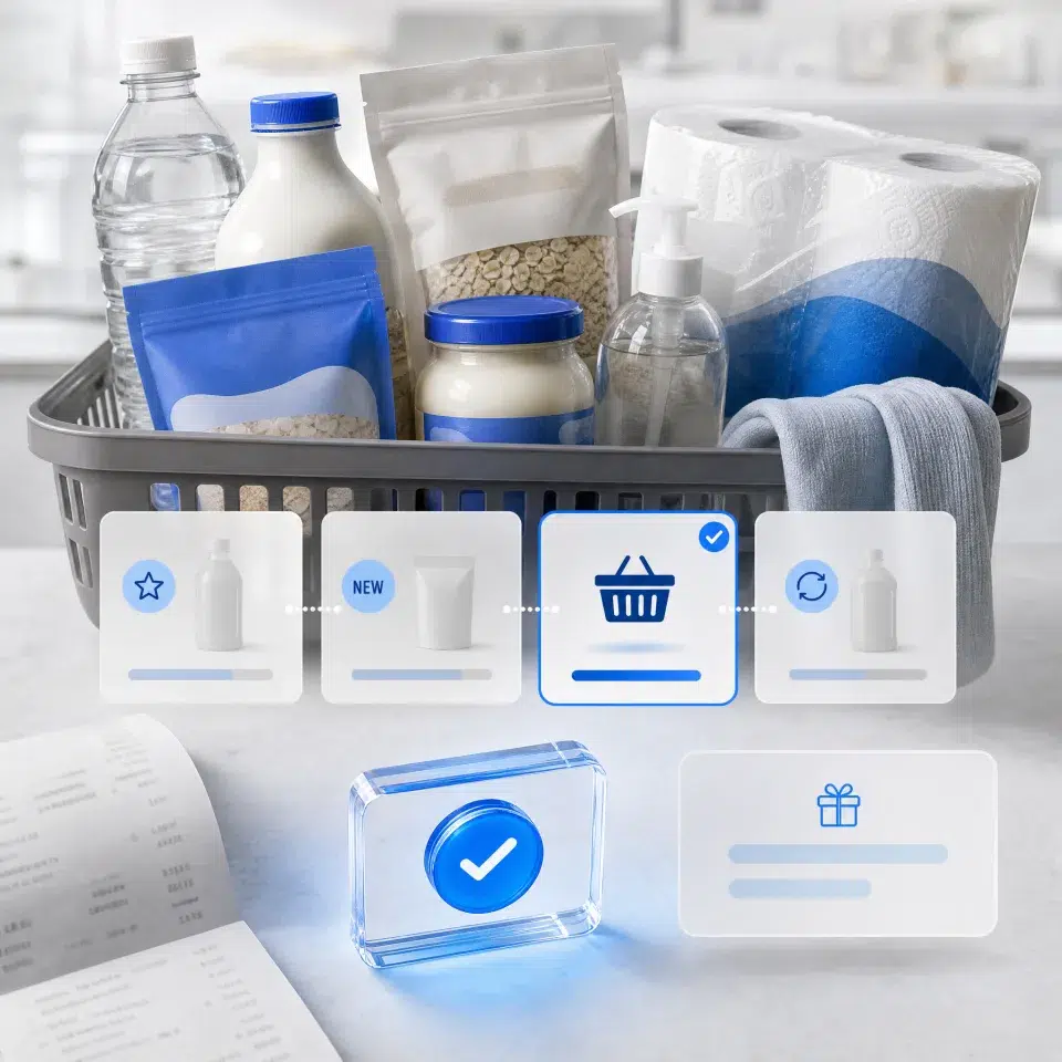 CPG products in a shopping basket with purchase selection and verified reward interface.