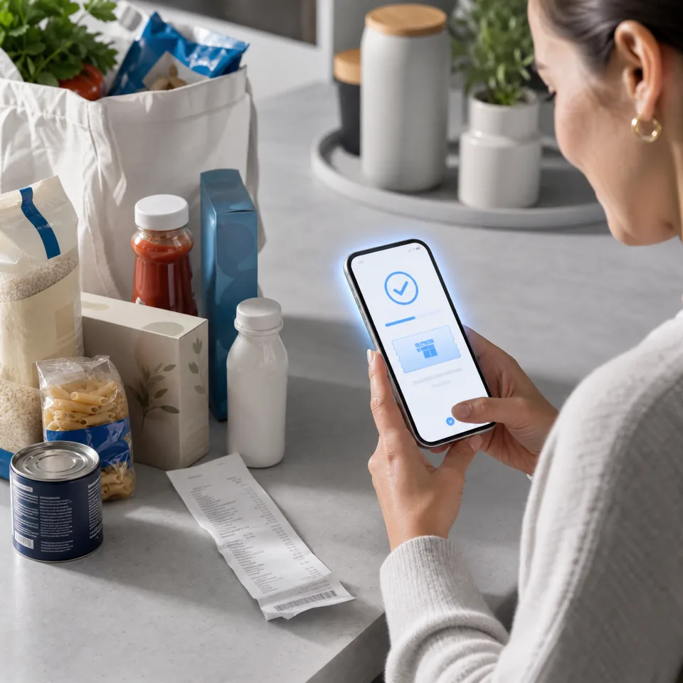 Shopper verifies a CPG retail purchase from a receipt using a mobile phone.