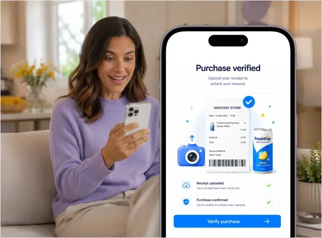 Woman viewing receipt upload and verified purchase confirmation for FreshPop Lemon on her phone.