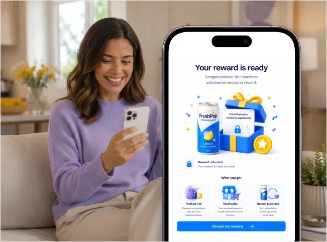 Woman viewing unlocked reward choices after a verified FreshPop Lemon purchase.