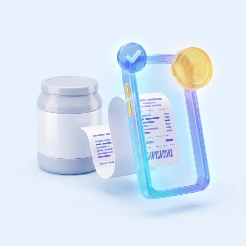 Packaged product and receipt connected to a verified promotion.