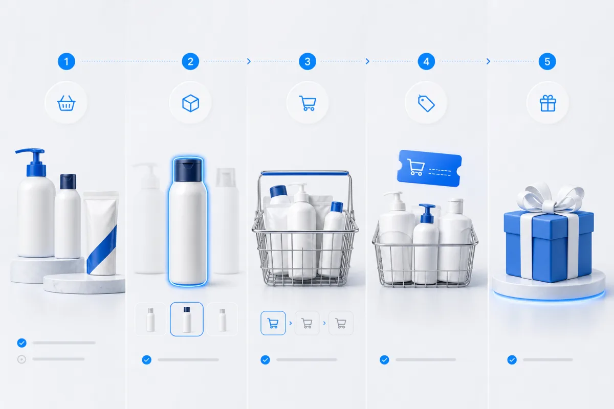 Five-stage CPG campaign journey from product selection to purchase and reward.