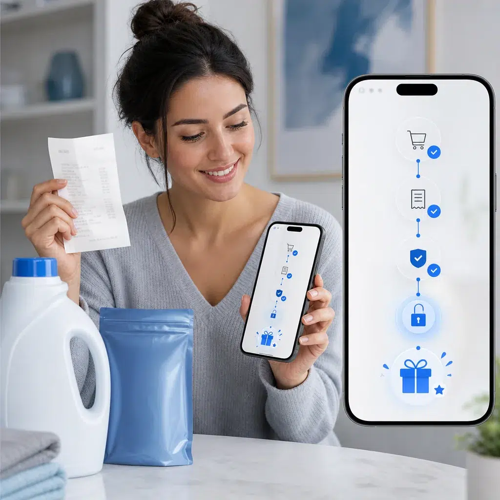 Consumer completing a receipt-verified purchase journey before unlocking a reward
