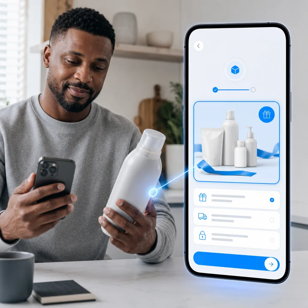 Shopper using a phone to explore a direct product offer after a verified retail purchase
