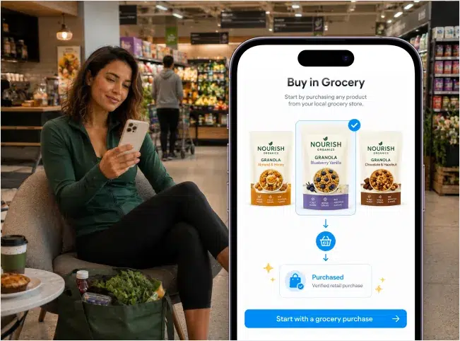 Grocery shopper completing a verified retail purchase before starting a direct customer journey