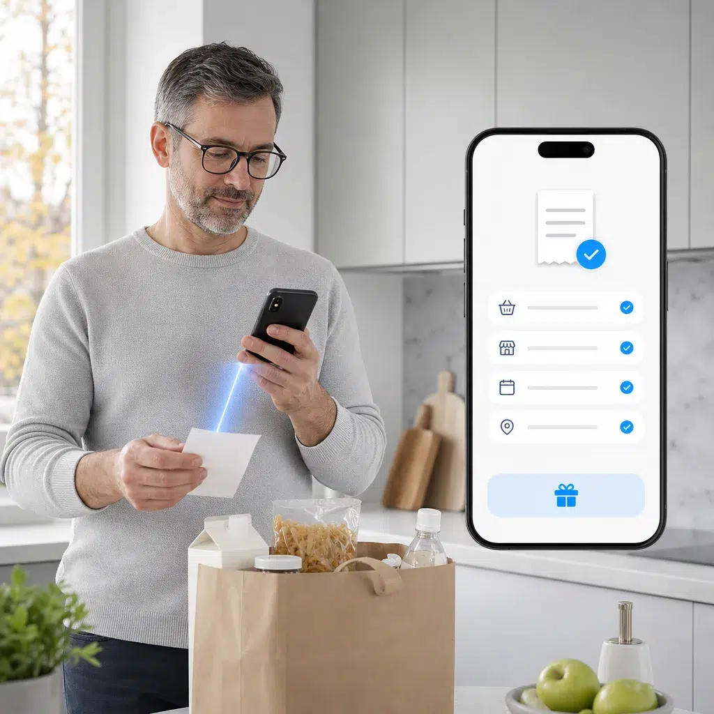 Shopper submitting a grocery receipt to verify a qualifying seasonal purchase