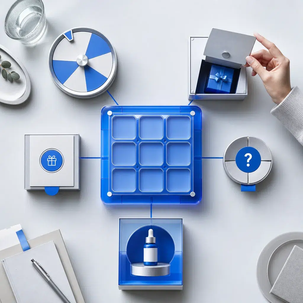 Seasonal promotion mechanics arranged around an interactive blue game board