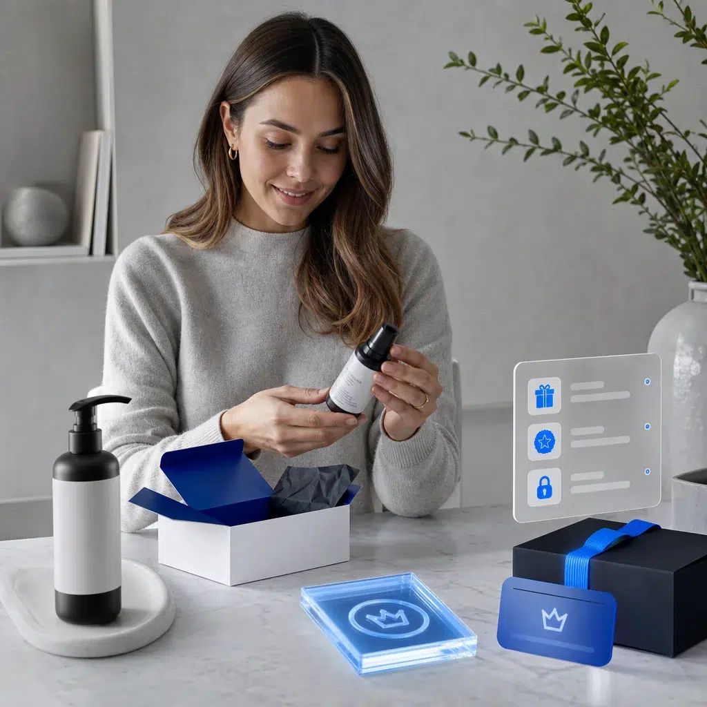 Customer unboxing a product alongside personalized reward options