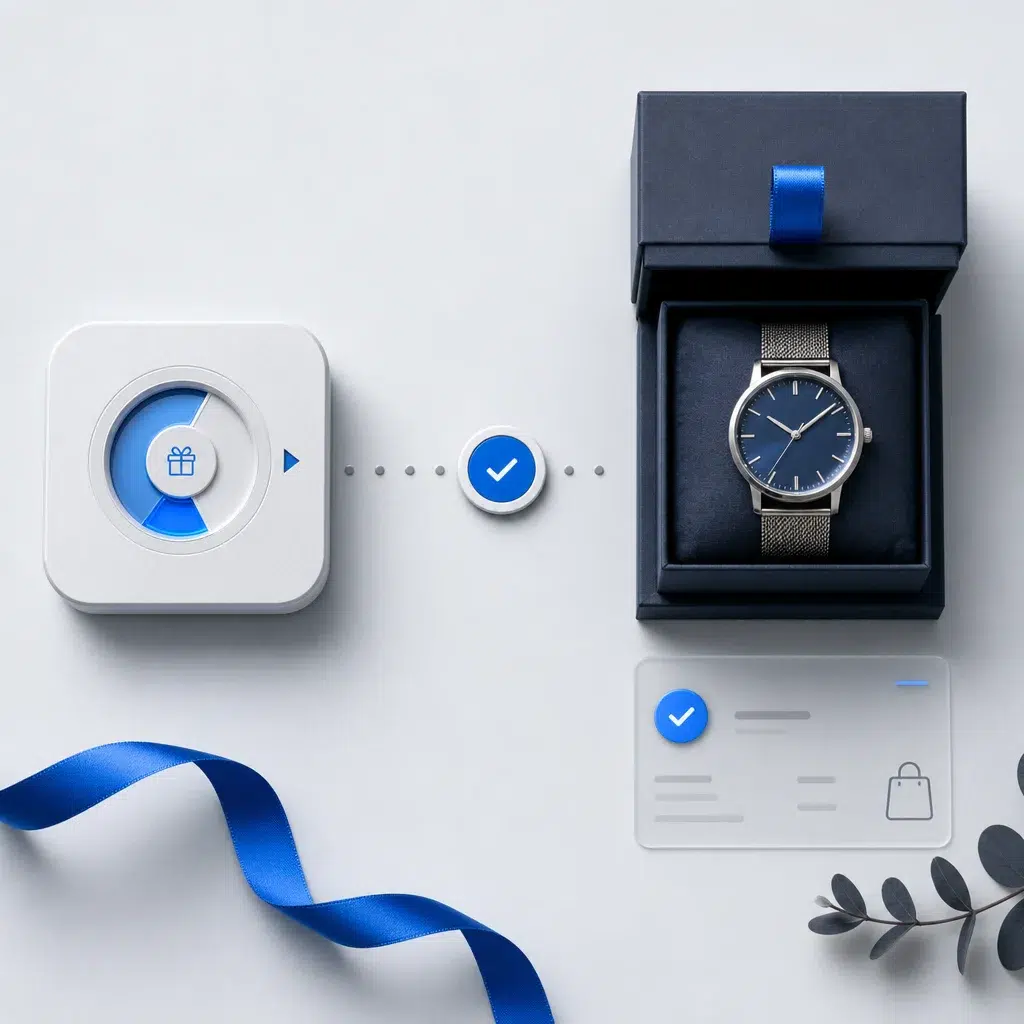 Interactive reward selector connecting a branded promotion to a premium product