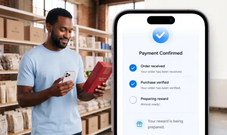 Ecommerce shopper holding a purchased product beside a payment-confirmed reward experience.