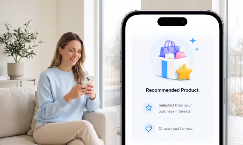 Shopper viewing a personalized recommended product on her phone.