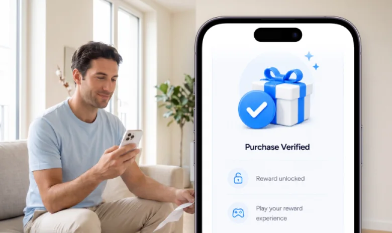 Ecommerce shopper opening a purchase-verified reward experience.