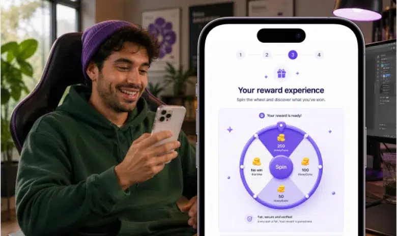 Customer spinning a branded reward wheel after a qualifying purchase.