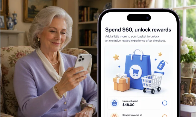 Shopper unlocking a reward after reaching a $60 basket value.