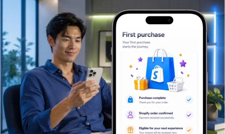 New Shopify customer completing a first purchase and becoming eligible for a reward.