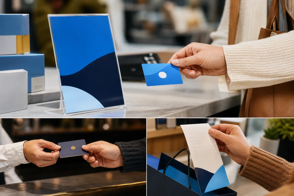 In-store invitation card, staff handoff and receipt journey shown as three customer touchpoints.