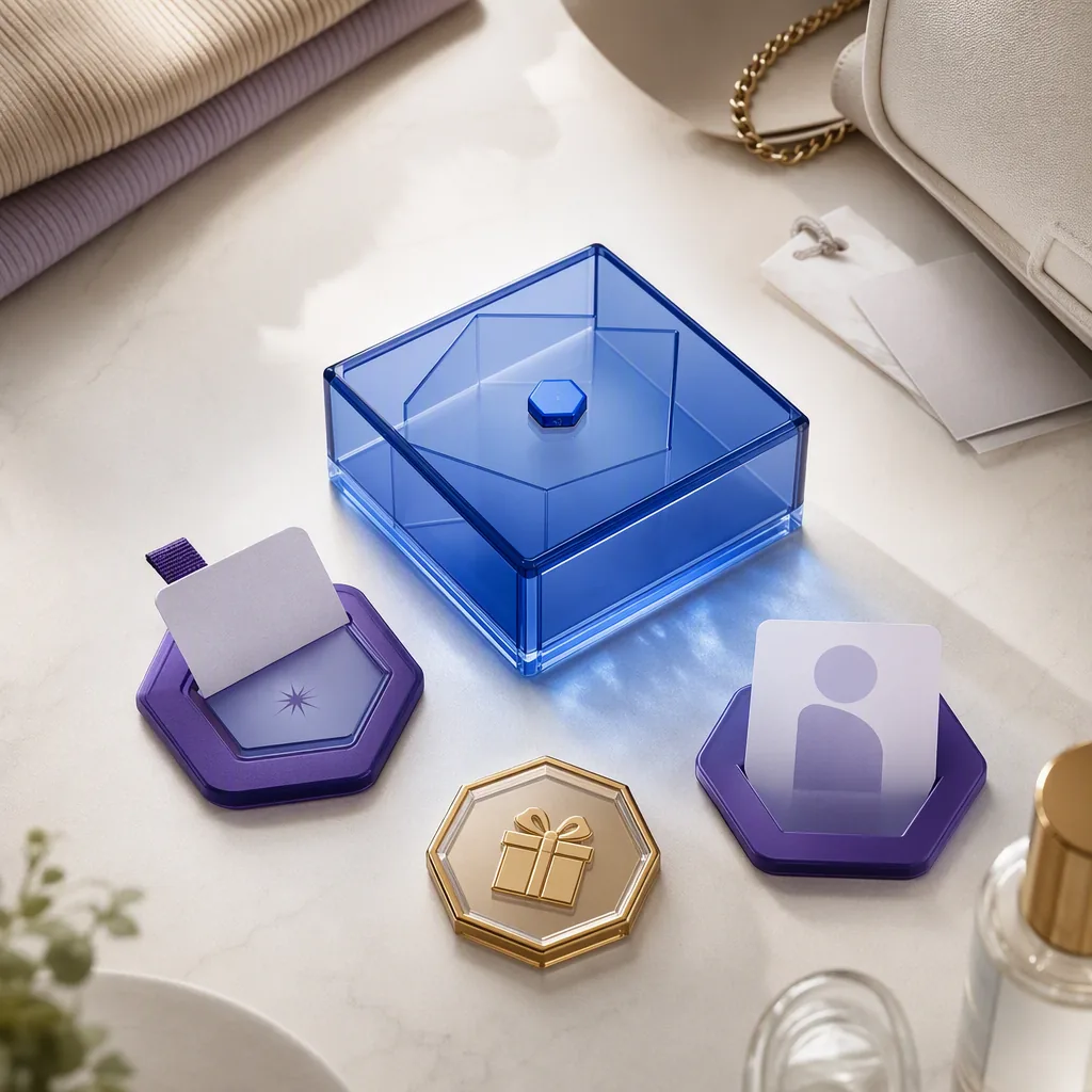 Customer data, profile and reward tokens arranged around a central retail data-capture box.