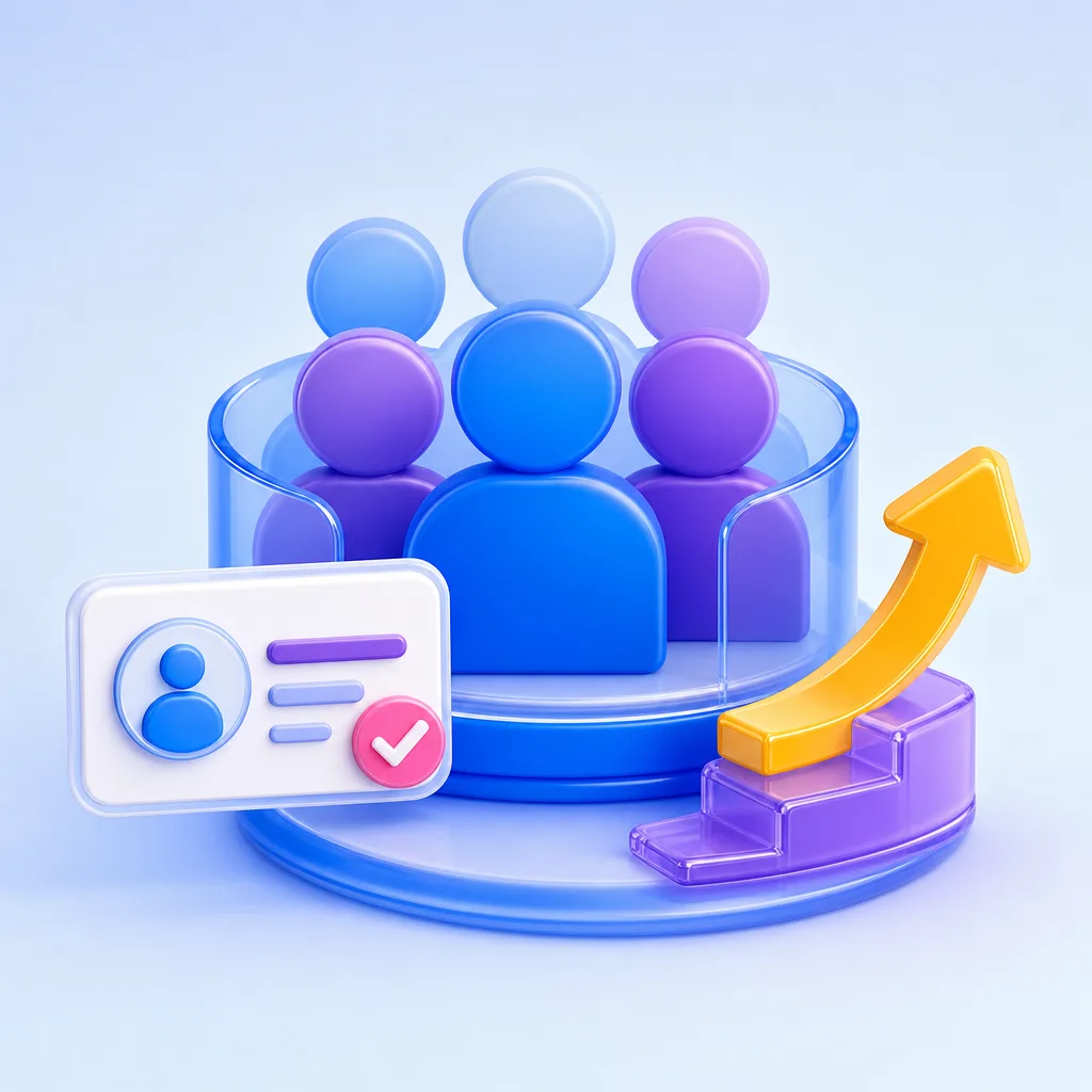 Stylised hotel audience with customer profile and growth arrow.