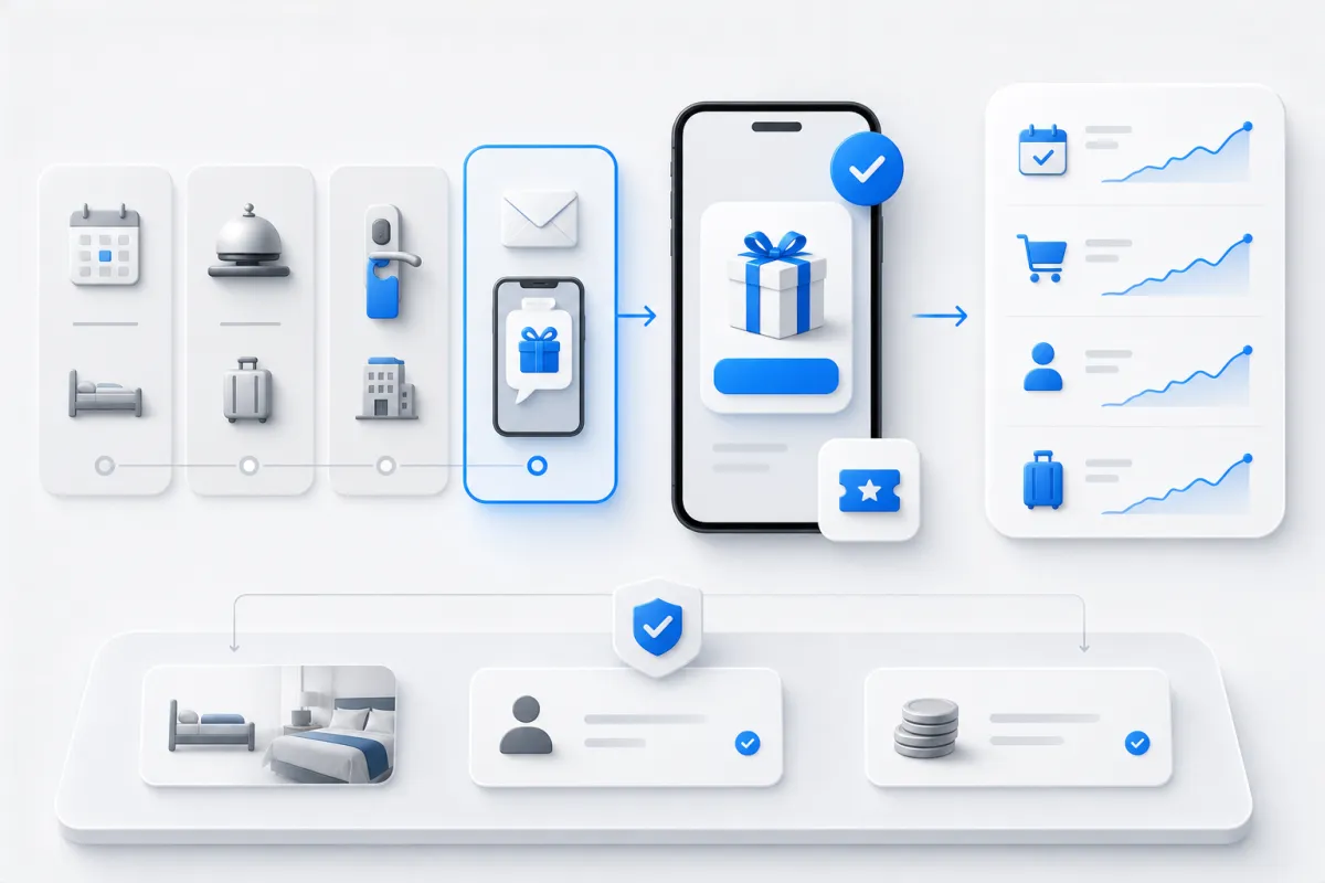 Hotel campaign journey connecting guest actions, a mobile reward and measurable results.