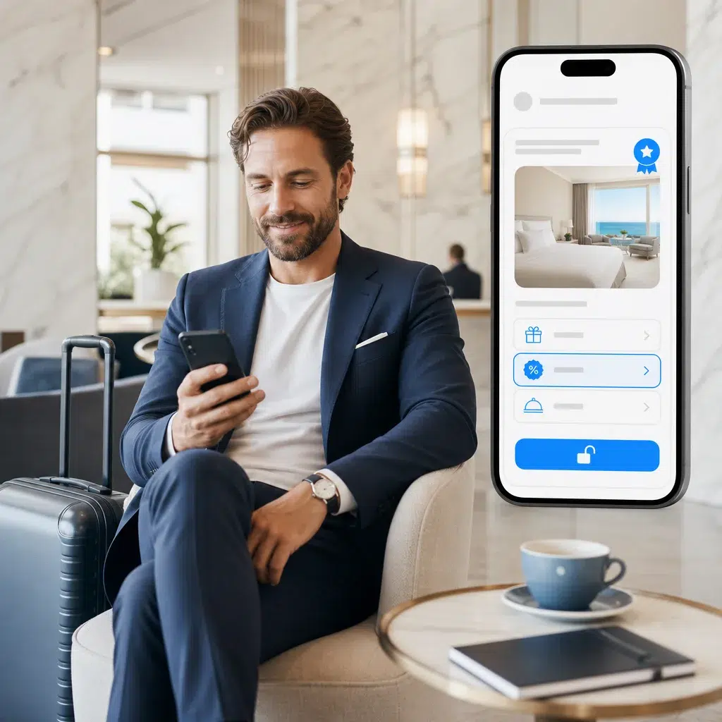 Hotel guest using a mobile direct-booking reward after confirming a stay