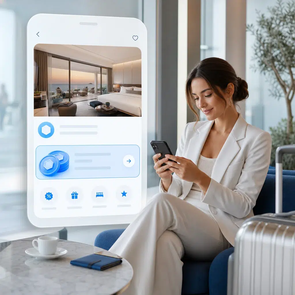 Traveler using a mobile reward experience to unlock a hotel booking offer