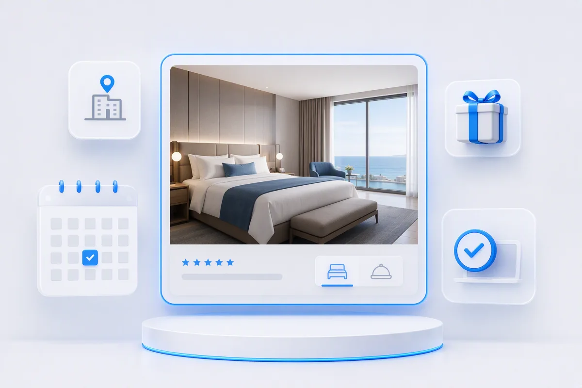 Hotel booking objective represented by property, date, reward and confirmation icons