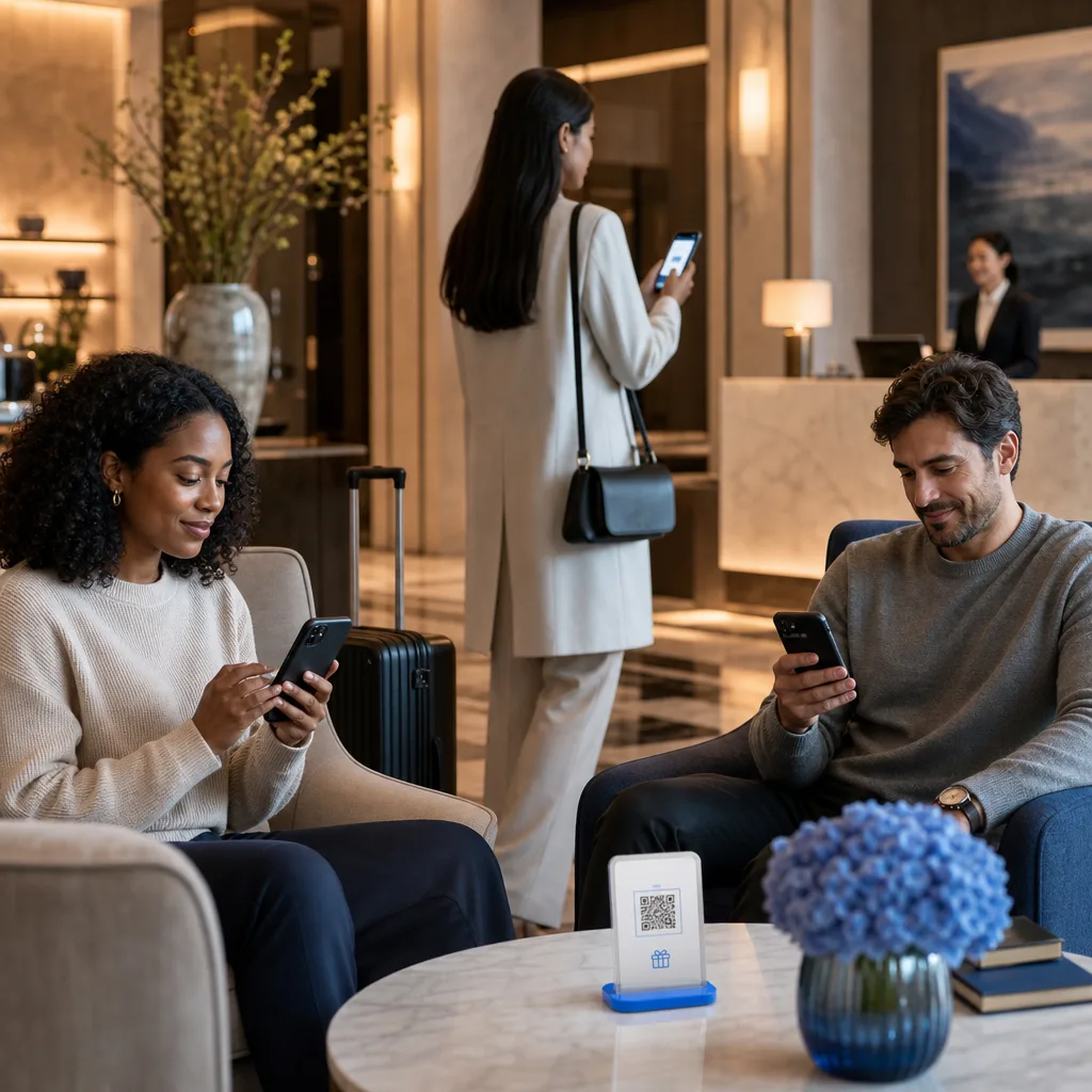 Hotel guests engaging with a QR-enabled amenity promotion in the lobby
