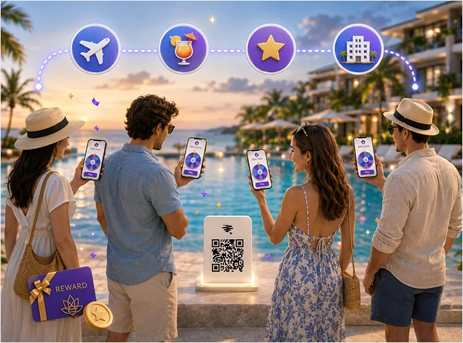 Hotel guests joining an interactive BeeLiked campaign by a resort pool