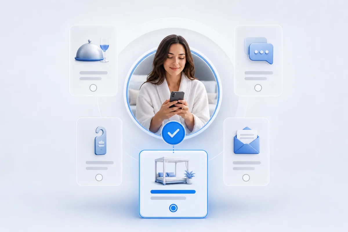 Hotel guest choosing actions across amenities and communication touchpoints