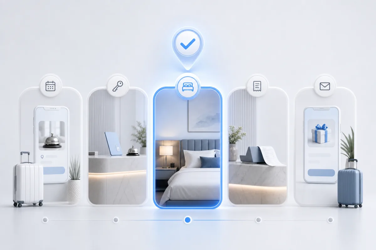 Hotel guest journey from pre-arrival through post-stay engagement