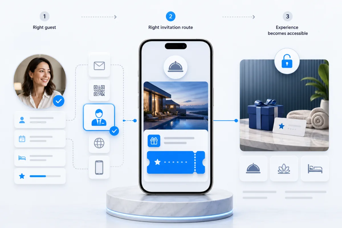 Hotel guest invitation routes through email, QR code, staff and mobile channels