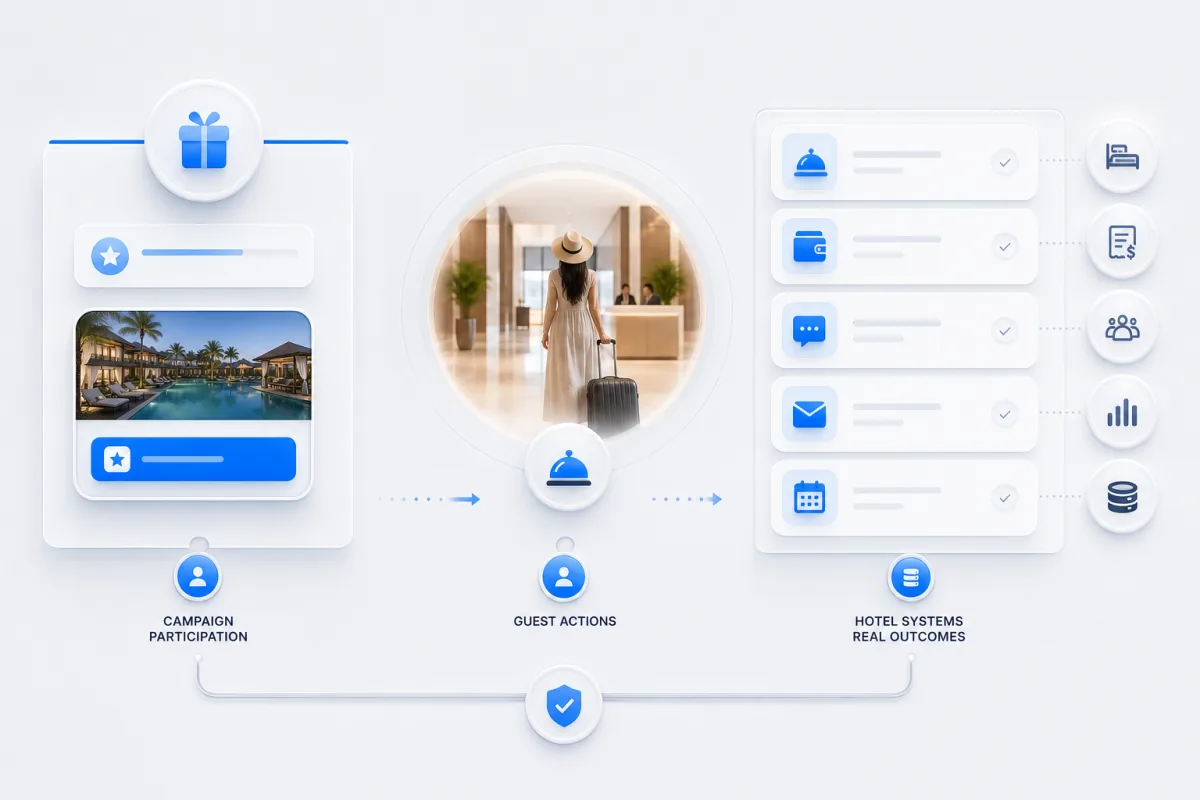 Hotel guest engagement measurement connecting participation, guest actions and hotel systems
