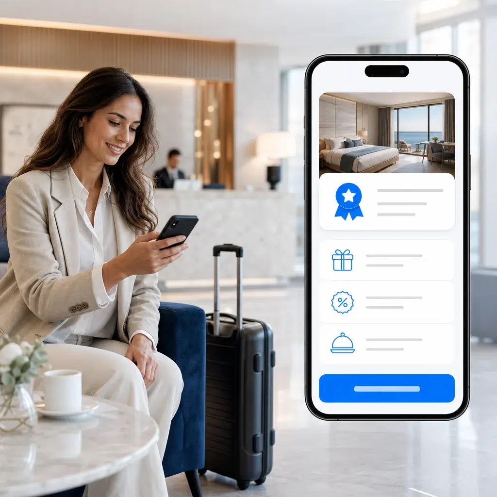Hotel guest viewing rewards and offers on a mobile campaign
