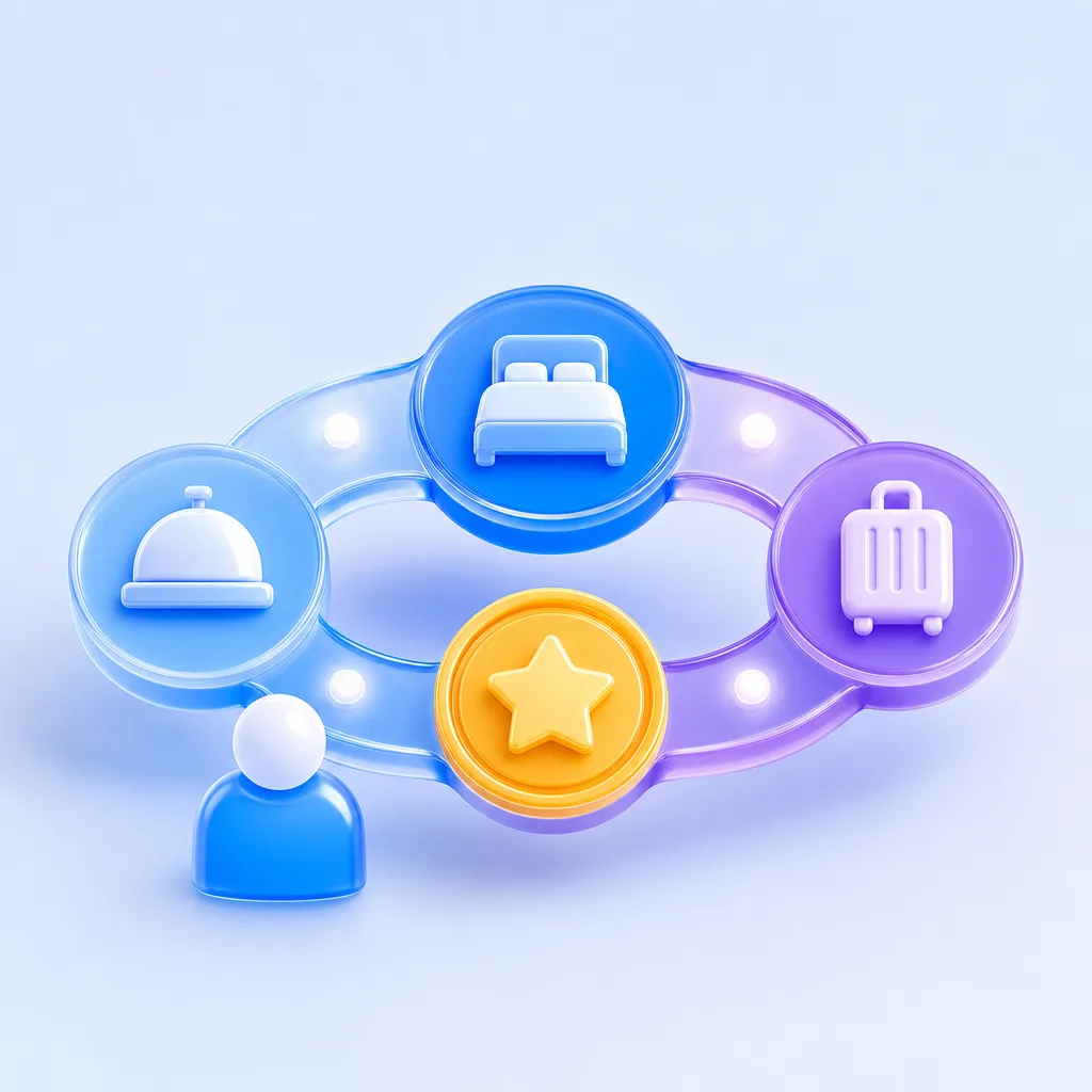 Stylised hotel guest journey connecting accommodation, dining and luggage rewards.
