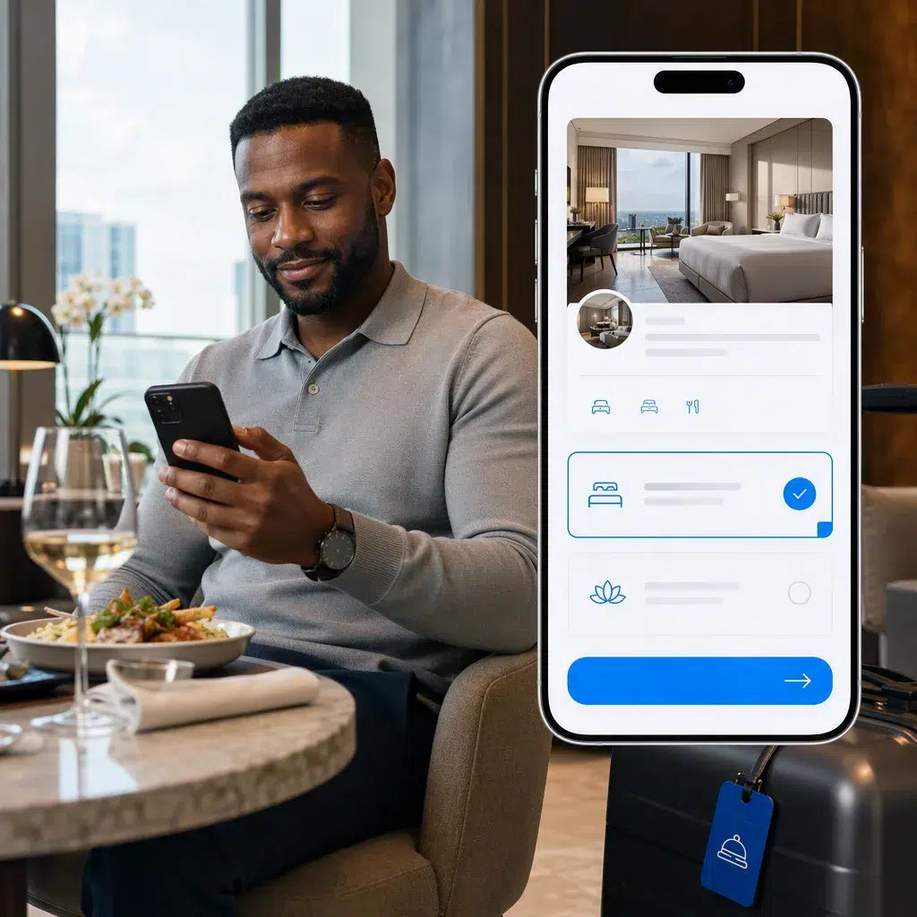 Hotel guest choosing a room upgrade and on-property experience on a mobile phone.
