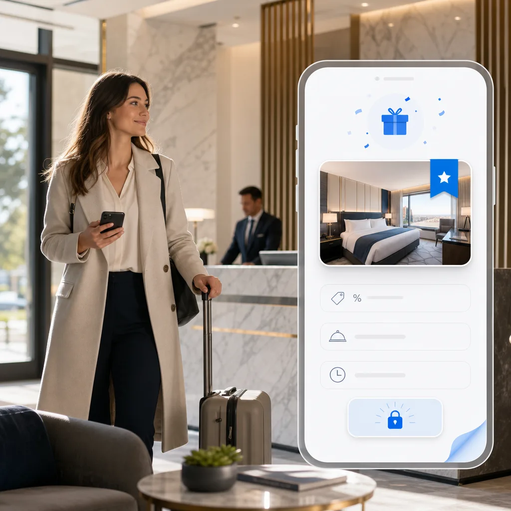 Hotel guest unlocking a branded hotel reward on a mobile phone.