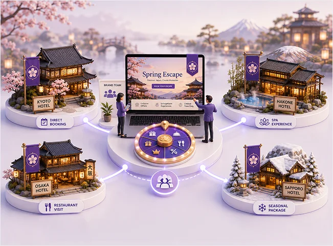 Hotel group campaign connecting one central Spring Escape promotion to property-specific offers in Kyoto, Hakone, Osaka and Sapporo