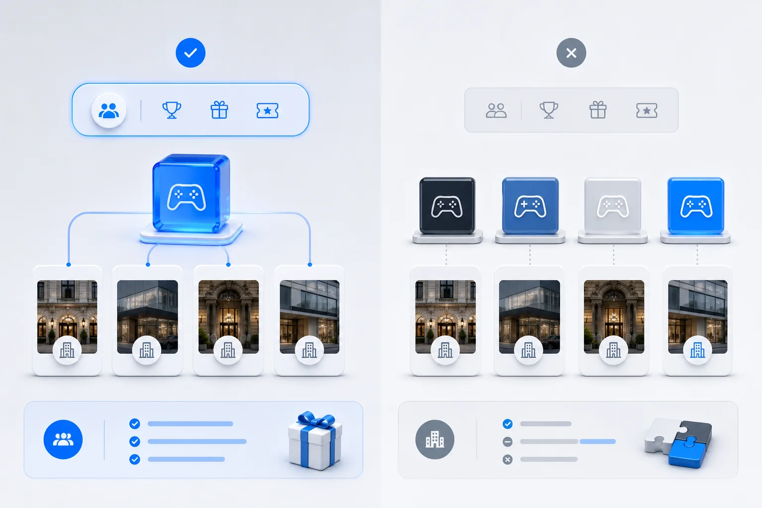 Comparison of shared and property-specific hotel campaign architectures