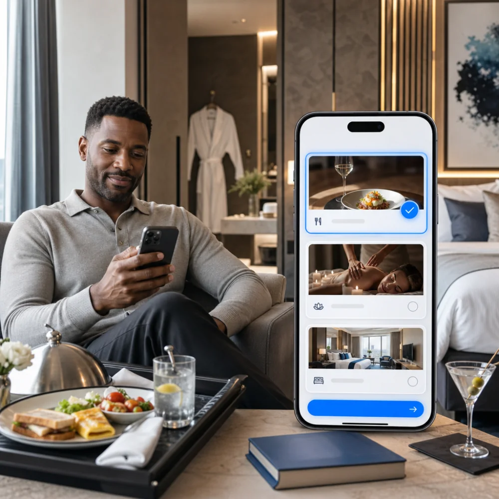 Hotel guest choosing dining, spa and room options on a mobile experience