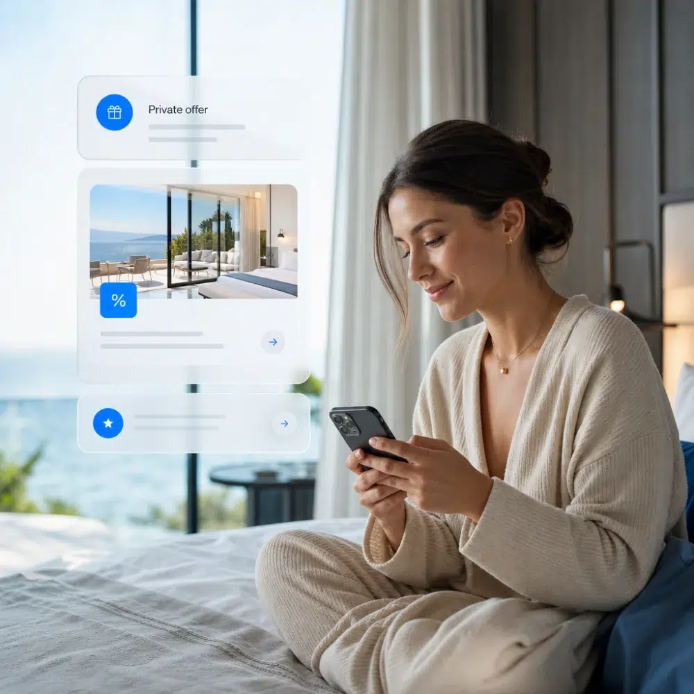 Hotel guest viewing a private hotel offer on her phone