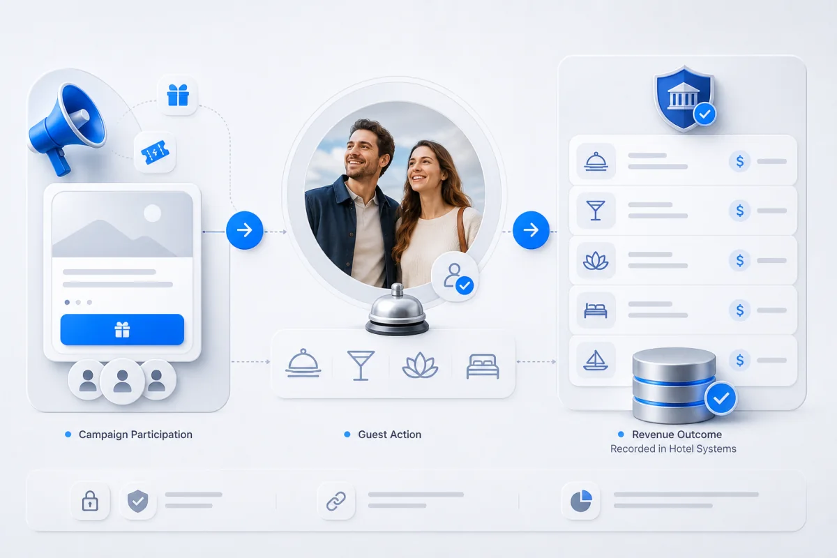 Campaign participation and guest actions connected to revenue outcomes in hotel systems