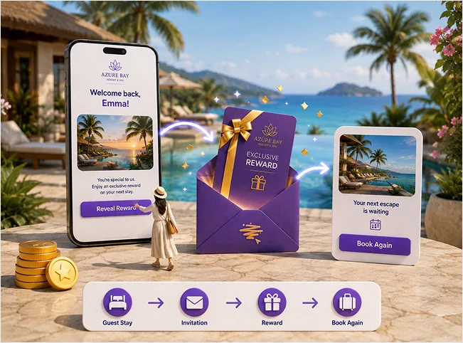 Hotel guest loyalty journey from a personalized return invitation and exclusive reward to another direct booking