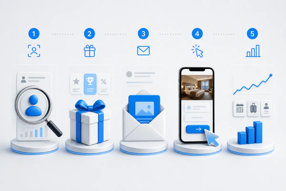 Five-stage hotel loyalty workflow from audience selection to repeat-booking measurement
