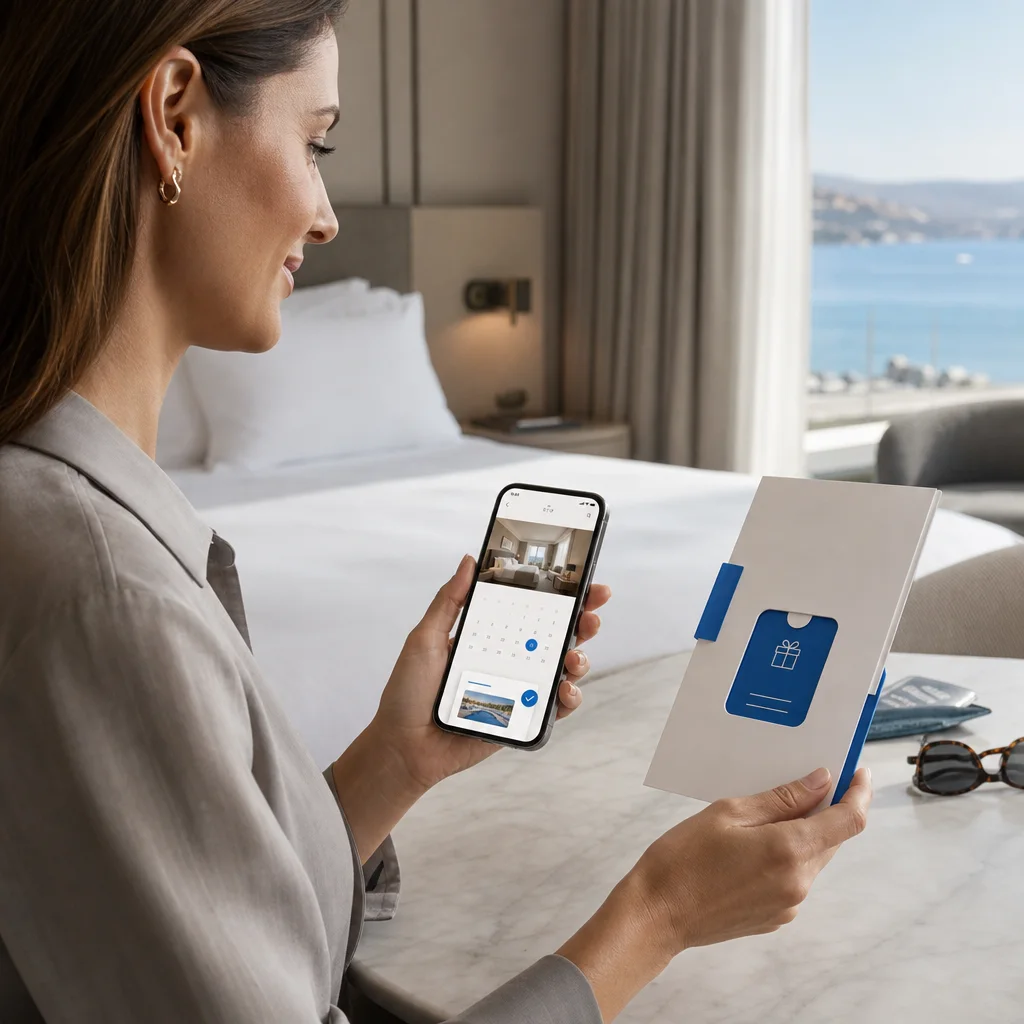 Hotel guest reviewing selected stay dates and a private reward while in a hotel room